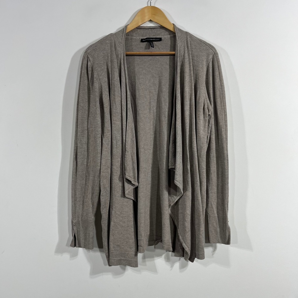 WHBM Quiet Luxury Draped Waterfall Open Front Long Cardigan Womens Large Boho